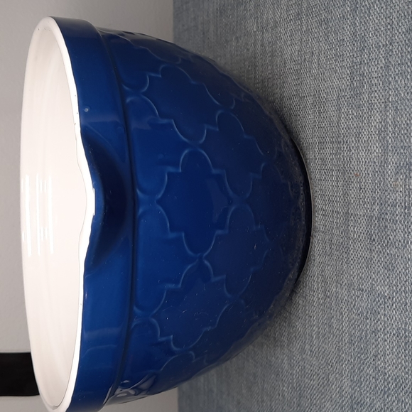 Handled Batter Mixing Bowl Pottery Baking Blue Embossed Pattern Bake Baker Cook - Picture 6 of 7